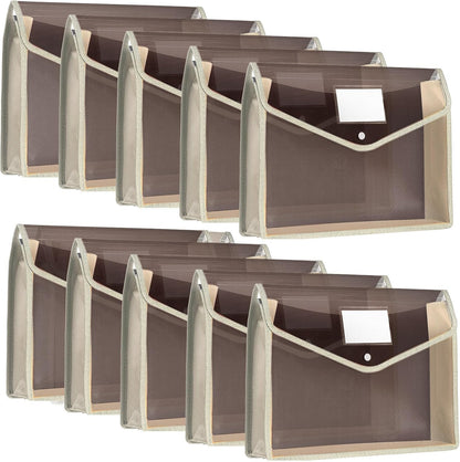 10 Pieces Plastic File Folders Envelope Expanding File Wallet Organizer Documents Folder with Snap Closure and Pocket, A4 Size Waterproof Transparent Pouch(Khaki,Horizontal)