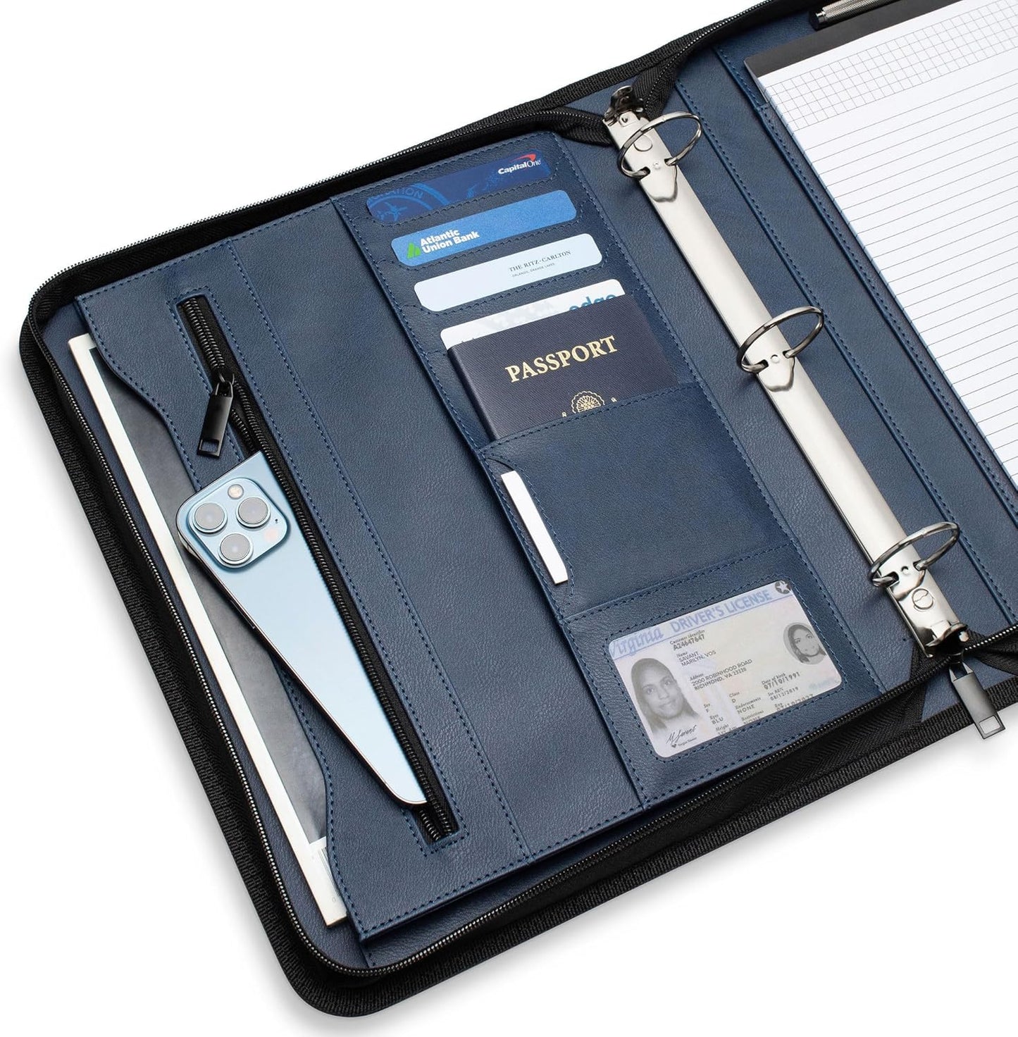 Portfolio Organizer - 3 Ring Binder with Notepad - 1.5 Inch Rings - Zippered Storage Pockets for Papers, Travel Documents, Presentation Folder, Cards, Passport, Tickets - Blue