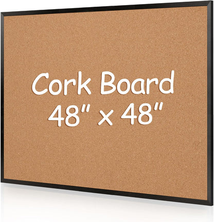 Board2by Extra Large Cork Bulletin Board 48" X 48", Black Wood Framed 4'x4' Corkboard for Wall, Wall Mounted Notice Pin Board with 18 Push Pins for School, Home & Office