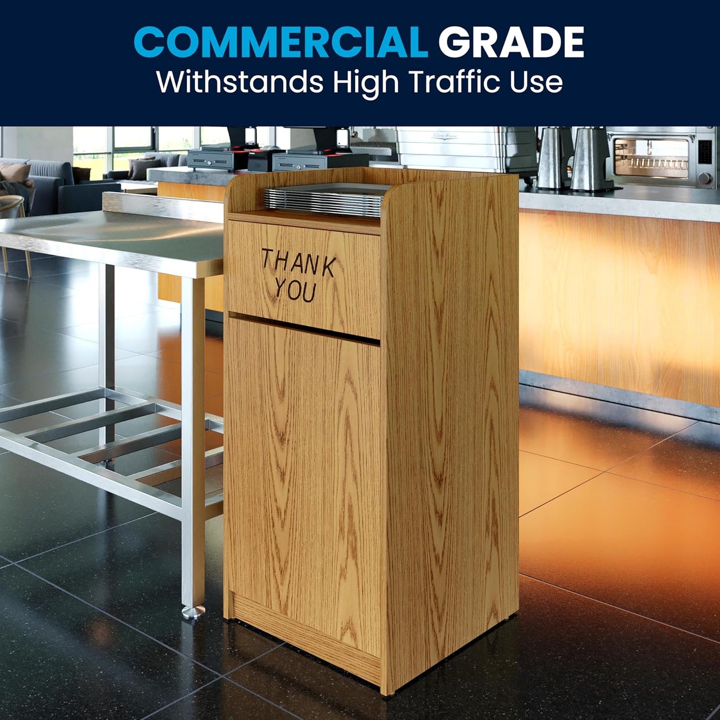 Flash Furniture Sony Laminate Wood Commercial-Grade Trash Receptacle with Tray Top, Wooden Restaurant Trash Can Cabinet and Garbage Receptacle, Oak