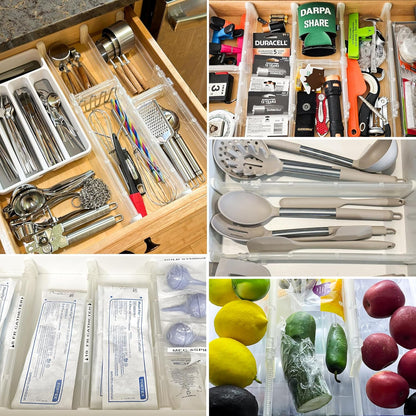 HiYZ Expandable Drawer Dividers with Inserts - 2.36'' High Adjustable Drawer Organizers Separators for Kitchen, Bedroom, Dresser, Office, 8 Long Dividers(12.6-22.8'') with 16 Inserts(3.9-7.1'')-Clear