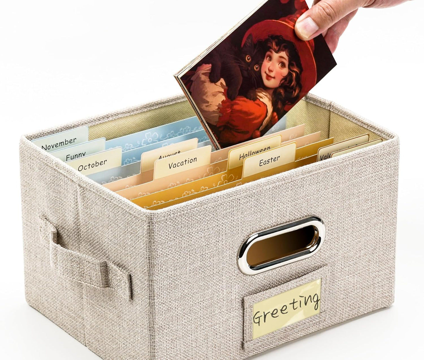 Greeting Card Organizer and Storage Box with 20 Pcs Adjustable Dividers, Storing Cards with 84 Pcs Labels Perfect for Storing Greeting Cards, Envelopes, Photos 1 Pack Beige