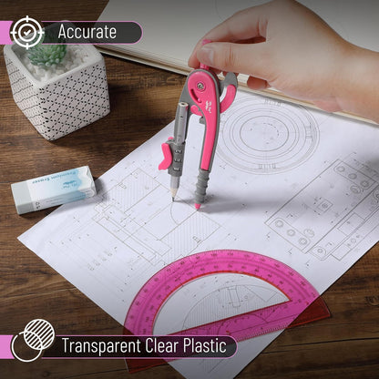 Mr. Pen- Compass and Protractor Set, Vivid Cerise, Compass Geometry Tool, Protractor and Compass Set, Compass Drawing Tool, Drawing Compass, Geometry Compass, Math Compass for Geometry