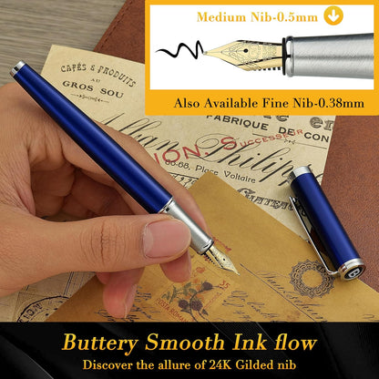 BEILUNER Luxury Fountain Pen Set,Solid 24K Gilded Medium Nib, Modern Classic Limited Edition -Includes 6 Ink Cartridges&Ink Refill Converter with Gift Case-Perfect for Men and Women（Charming blue）