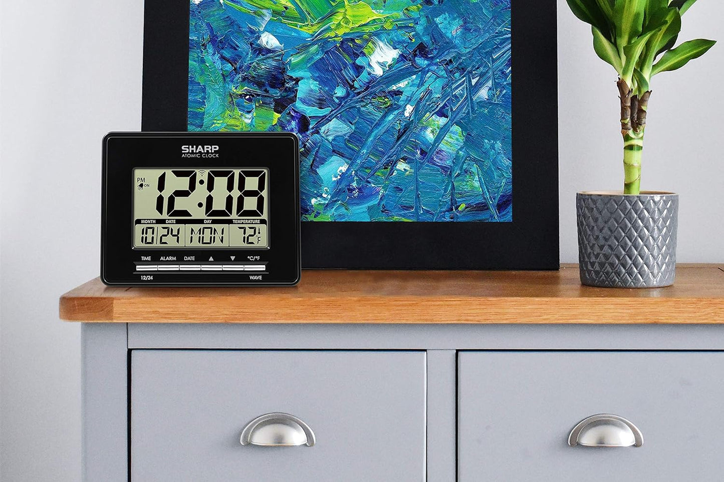 Sharp Atomic Desktop Clock – Auto Set Digital Alarm Clock - Atomic Accuracy - Easy to Read Screen with Time/Date/Temperature Display- Perfect for Nightstand or Desk