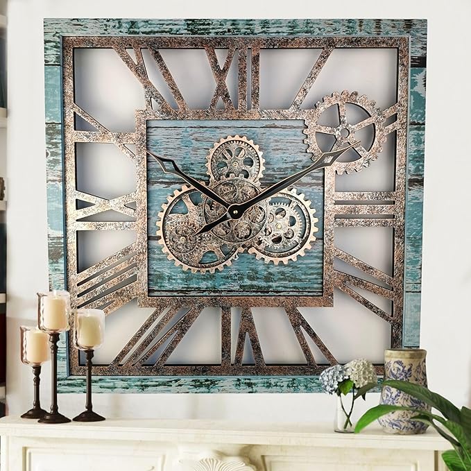 ImprovingLife The Gears Clock 24'' Inch Square Real Moving Gear Wall Clock Vintage Industrial Oversized Rustic Farmhouse (Aqua Green)