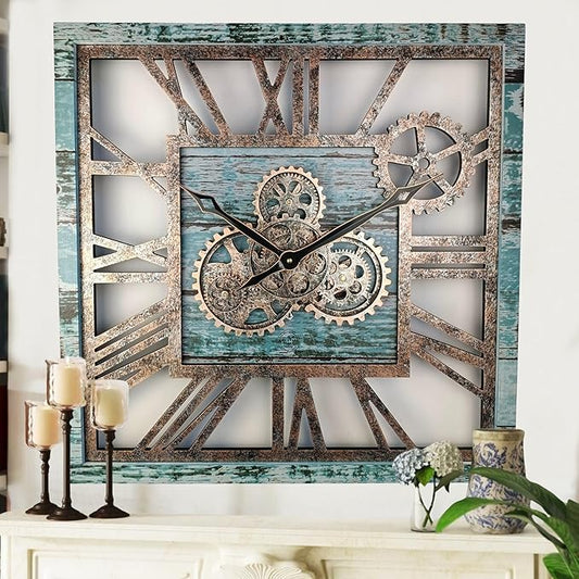 ImprovingLife The Gears Clock 24'' Inch Square Real Moving Gear Wall Clock Vintage Industrial Oversized Rustic Farmhouse (Aqua Green)