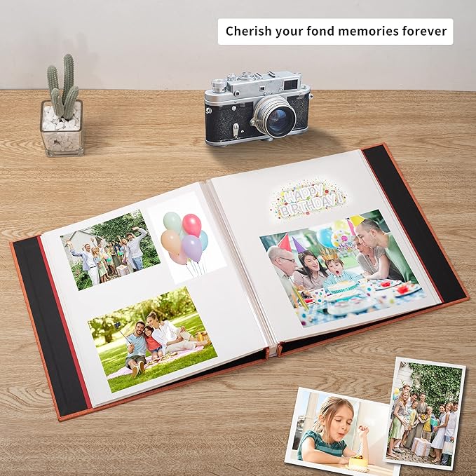 Photo Album Self Adhesive 3x5 4x6 5x7 6x8 8x10 8.5x11 11x10.6 Magnetic Scrapbook Album DIY Length 11x10.6 Inch 40 Pages Linen Cover DIY Photo Album with A Metallic Pen and and Plastic Board(Orange)
