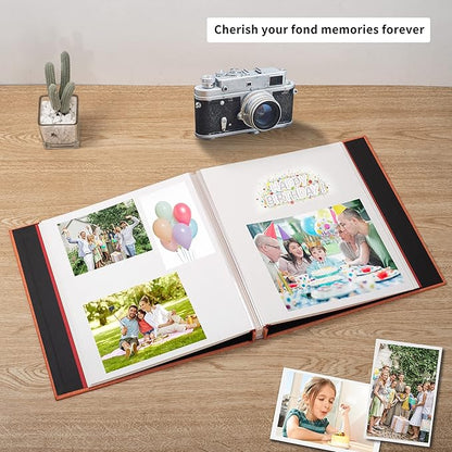 Photo Album Self Adhesive 3x5 4x6 5x7 6x8 8x10 8.5x11 11x10.6 Magnetic Scrapbook Album DIY Length 11x10.6 Inch 40 Pages Linen Cover DIY Photo Album with A Metallic Pen and and Plastic Board(Orange)