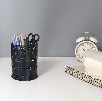 Metal Mesh Pen Pencil Cup Holder Stand Office Desk Organizer Stationery Caddy Makeup Brush Holder, Black (Large)