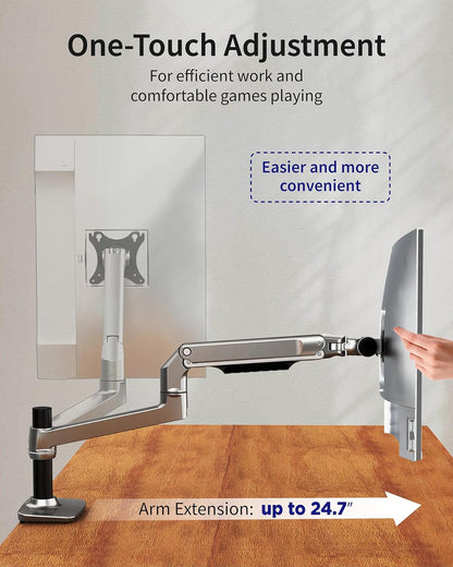 Single Monitor Arm Desk Mount, Holds Screens up to 40 Inches and 25 lbs, Fully Adjustable Vesa Monitor Mount with C-Clamp and Grommet Base, Aluminum, Silver