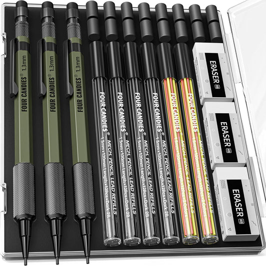 Four Candies 1.3mm Mechanical Pencil Set with 72 Lead Refill, 3PCS Metal Weatherproof Body Heavy Duty Carpenter Pencil, 3 Eraser, 16 Eraser Refill, for Outdoor Woodworking Drafting Marking with Case