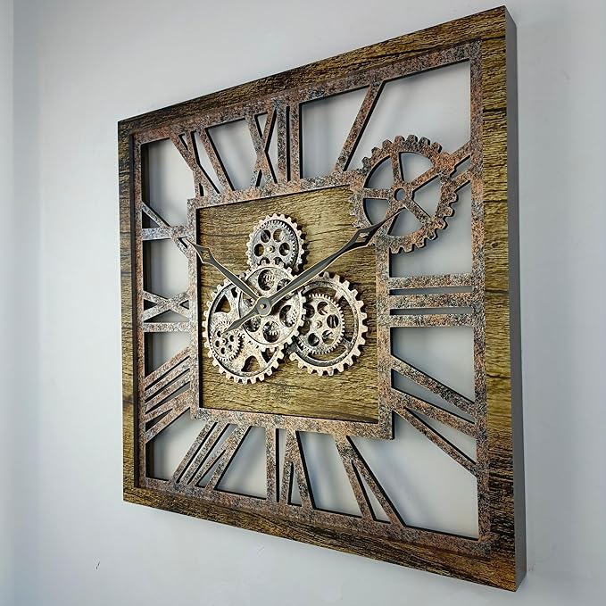 ImprovingLife The Gears Clock 24'' Inch Square Real Moving Gear Wall Clock Vintage Industrial Oversized Rustic Farmhouse (Gold Antique)
