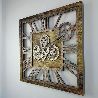 ImprovingLife The Gears Clock 24'' Inch Square Real Moving Gear Wall Clock Vintage Industrial Oversized Rustic Farmhouse (Gold Antique)