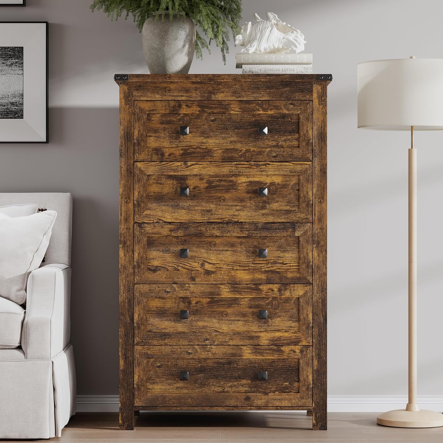 Tall 5-Drawer Dresser, Modern Wooden Storage Chest of Drawers, Dresser TV Stand, Wood Drawer Organizer with Metal Handles for Bedroom, Living Room, Hallway