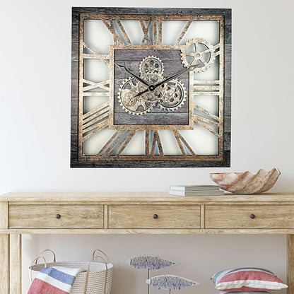 ImprovingLife The Gears Clock 24'' Inch Square Real Moving Gear Wall Clock Vintage Industrial Oversized Rustic Farmhouse (Carbon Grey)