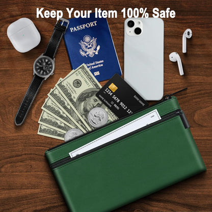 HAUTOCO 2 Pack Money Bag with Zipper 11x6.1 inch Money Pouch with Lined PU Leather Bank Bag Two Pockets Utility Wallet for Cash Check Receipt Coins Cosmetics, Deep Green