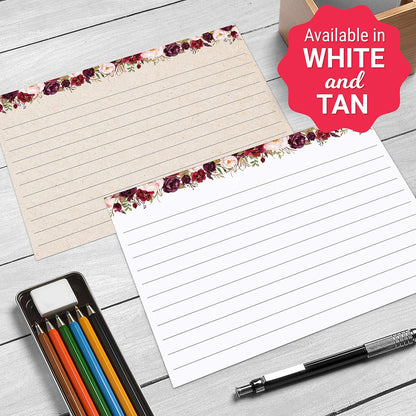 321Done Floral Ruled Index Cards - Made in USA – Small 3x5 (Set of 50), Narrow-Ruled Lined Notecards Double-Sided, Thick Heavy Duty Cardstock, Cute Pretty Flowers Red Roses on White Note Cards Lines