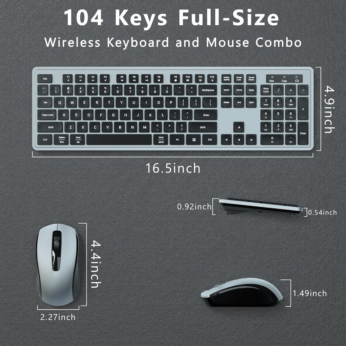 Wireless Keyboard and Mouse Combo, COVEVA 2.4GHz Wireless Keyboard Mouse with USB Receiver, Water-Dropping Keycaps, 104 Keys Full Size with Number Pad for PC Laptop Computer Desktop(Black Gray)