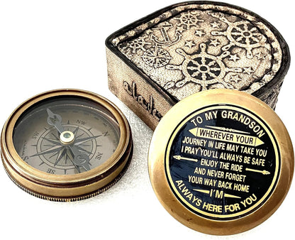 Gift for Grandson Brass Compass Engraved Quote | Memory Present to My Grandson Birthday, Baptism, Graduation, Confirmation, Love, Gift idea by Grandpa Grandma