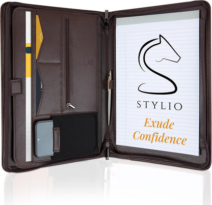 STYLIO Zipper Padfolio Portfolio Binder Organizer (Walnut Color) | Faux Leather Portfolio for Resume, Documents, Phone, Tablet, Business Supplies and Cards | Letter Sized Notepad Included | Brown