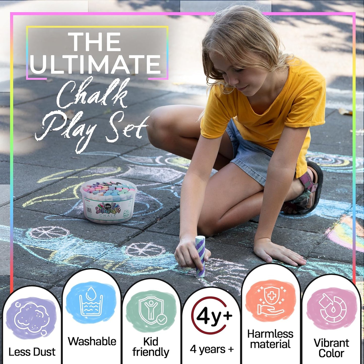 Loddie Doddie-Bucket of Sidewalk Chalk-Long lasting Non-Toxic Jumbo Sticks- Reusable Bucket for hours of fun and creativity with easy clean up! (Multi)