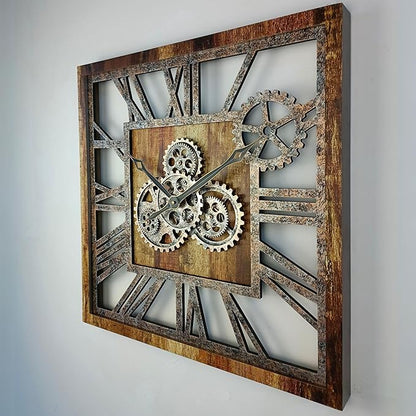 ImprovingLife The Gears Clock 24'' Inch Square Real Moving Gear Wall Clock Vintage Industrial Oversized Rustic Farmhouse (Vintage Brown)