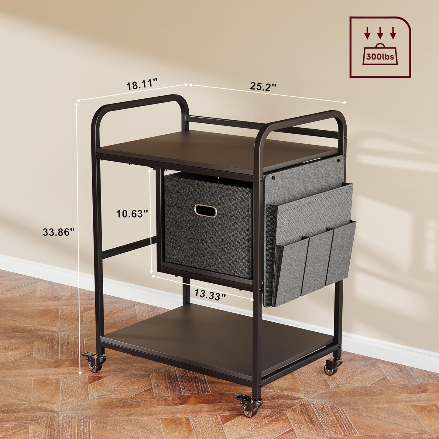 3 Tier Heavy Duty Printer Stand with Storage, Computer Tower Stand with Industrial Wheels & Drawer, Large Mobile Printer Table for Home Office Organization (Obsidian Black)