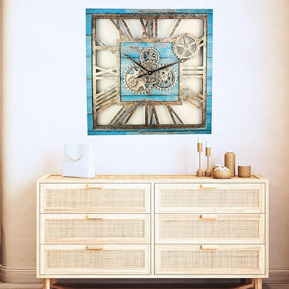 ImprovingLife The Gears Clock 24'' Inch Square Real Moving Gear Wall Clock Vintage Industrial Oversized Rustic Farmhouse (Ocean Blue)
