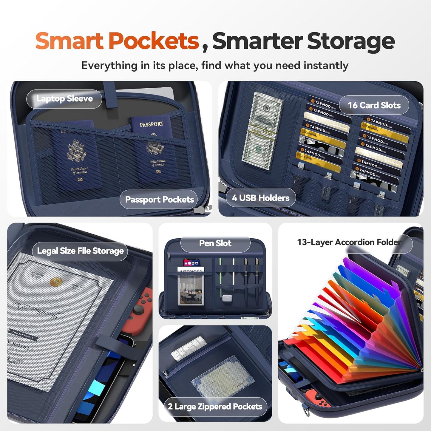 Nacial Fireproof Document Box with Lock & Shoulder Strap, Hard-Shell Fireproof File Organizer with 13 Pocket Accordion File Folder, Portable Safe Storage for Important Documents, Laptop, Blue