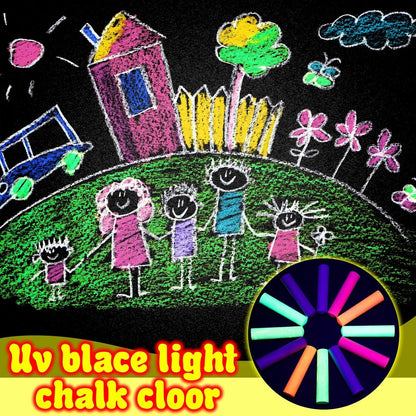 12 Pcs Glow in the Dark Chalk Under Blacklight, 6 Neon Colors Washable Dustless UV Sidewalk Chalk for Black Light Party Playground Chalkboard Birthday Gift and Outdoor Drawing (Cylindrical)