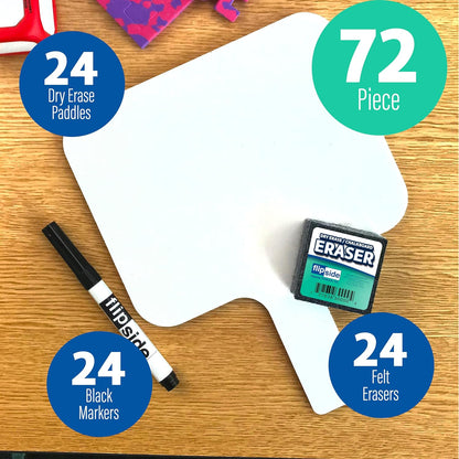 Flipside Products Rectangular Dry Erase Answer Paddles w/Black Dry Erase Marker and Erasers, Auction, Handheld Whiteboard, Handle Response Board, 72 Pieces, Set of 24
