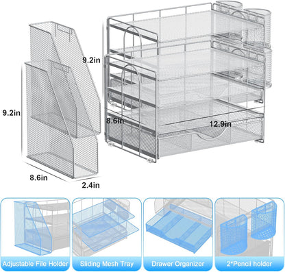 gianotter Desk Organizers and Accessories with File Holder, 4-Tier Desk Accessories & Workspace Organizers with Drawer and 2 Pen Holder, Paper Organizer for Office Supplies (Grey)