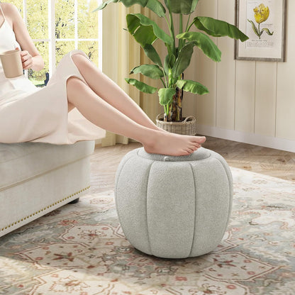 Storage Ottoman, Round Ottoman with Storage, Upholstered Soft Vanity Stool for Living Room, Foot Stool for Bedroom, Entryway (Light Gray)
