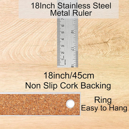 Metal Ruler 18 Inch: [2 Pieces 18 Inch] Non-Slip Cork Backing Rulers with Inch and Centimeters Prevent Ink Leakage:for School Office Drawing Engineering