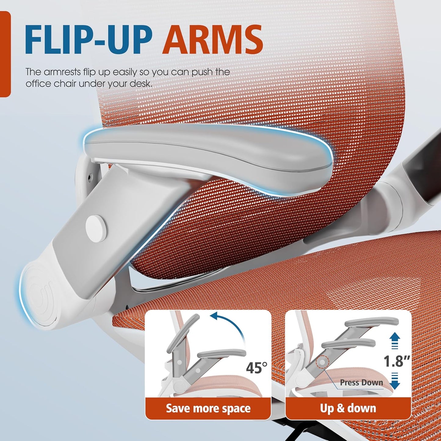 GABRYLLY Ergonomic Office Chair, High Back Home Desk Chair with Headrest, Flip-Up Arms, 90-120° Tilt Lock and Wide Cushion, 400LBS Mesh Chairs for Man Woman, White Task Chair(Orange,GY01WOR)