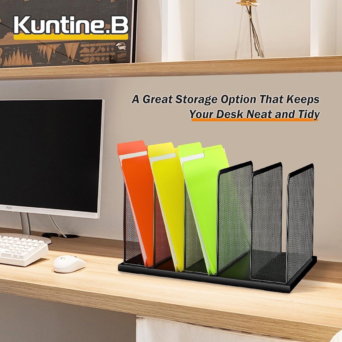 Kuntine.B Desk File Organizer 5 Upright Mesh Desktop Organizer File Sorter Office Organization File Holder for Home, Office & Classroom, 2 Pack
