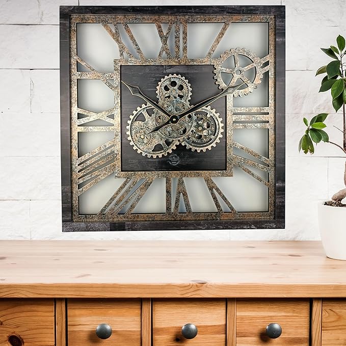 ImprovingLife The Gears Clock 24'' Inch Square Real Moving Gear Wall Clock Vintage Industrial Oversized Rustic Farmhouse (Vintage Black)