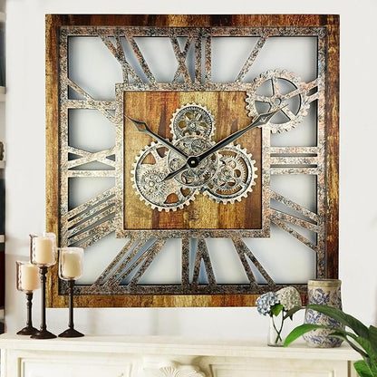 ImprovingLife The Gears Clock 24'' Inch Square Real Moving Gear Wall Clock Vintage Industrial Oversized Rustic Farmhouse (Vintage Brown)