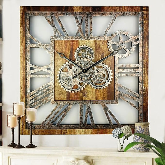 ImprovingLife The Gears Clock 24'' Inch Square Real Moving Gear Wall Clock Vintage Industrial Oversized Rustic Farmhouse (Vintage Brown)