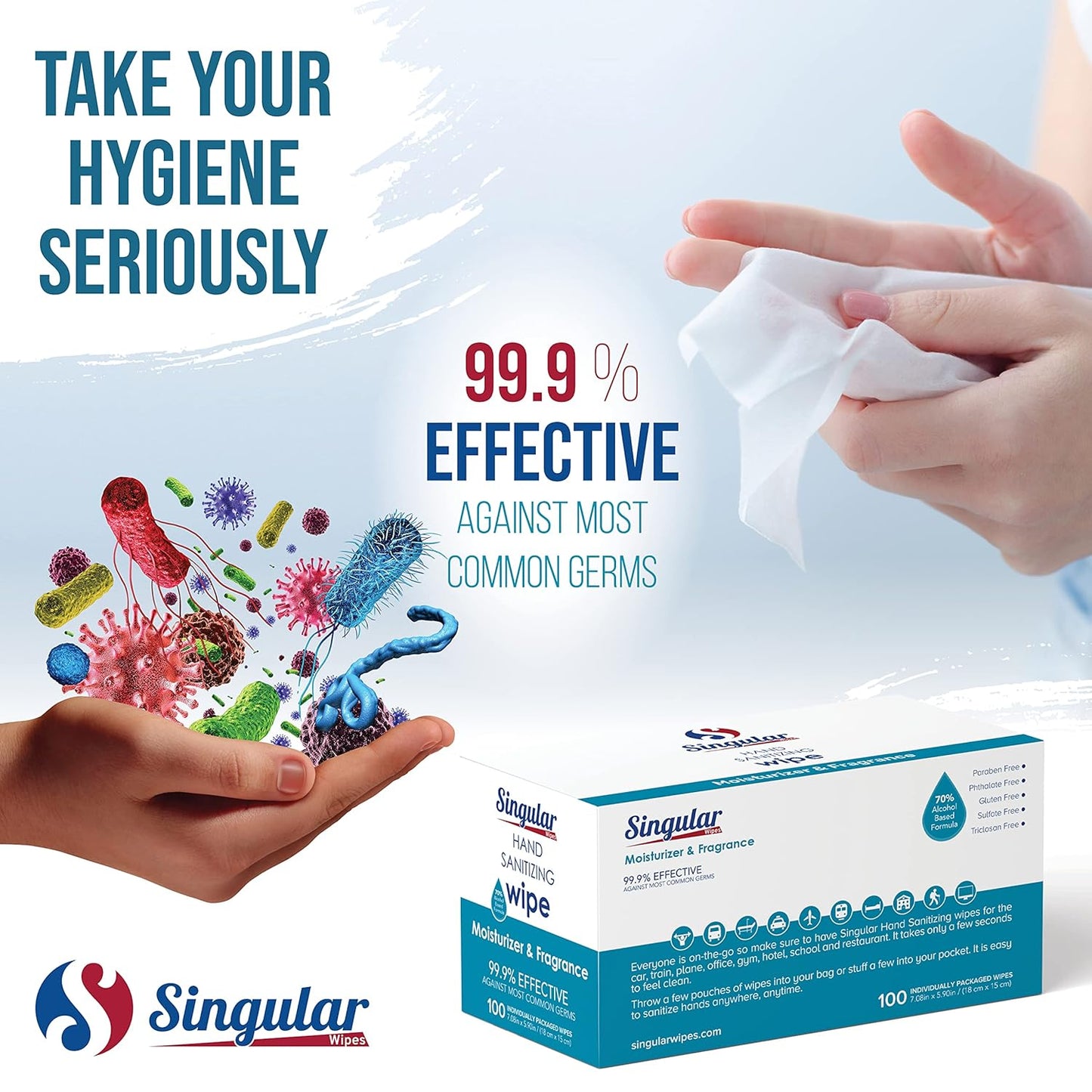 Hand Sanitizing Wipes Travel Size by Singular Wipes – 100ct Individually Wrapped | Fresh Citrus Scent, Moisturizing, 70% Alcohol Wipes | Travel, Office, School, Home | Made in USA