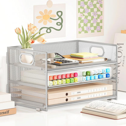 Subekyu 3 Tier Paper Desk Organizer with Handle and 1 PC Slideable Letter Tray, A4 Paper File Folder Sorter Metal Mesh Organizer for Home Office School Desk Supplies Organization Storage, Silver