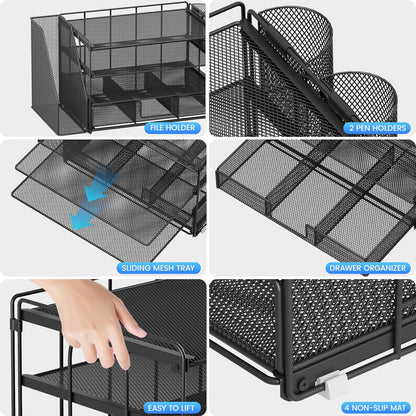 Desk Organizer and Accessories, 4-Tier Desktop File Organizer with Drawer and 2 Pen Holders, Office Desk Accessories for Office Supplies(Black)