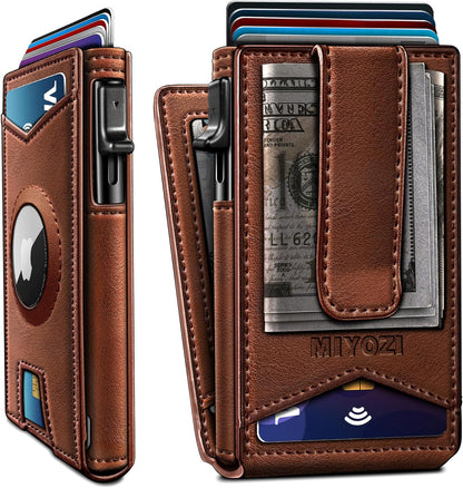 Airtag Wallet for Men,with Money Clip Gift Boxed,Slim Front Pocket Wallet RFID Blocking Metal Case Smart Pop-up Credit Card Holder in Magnetic Leather Flip