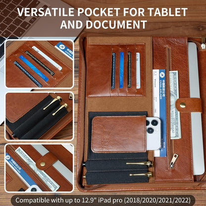 Handmade Vintage Crazy Horse Leather Portfolio Letter (A4) Size Notepad,Business Organizer Padfolio with Handle, for iPad Pro/Microsoft Surface Pro/13 inch Tablet (Non-Custom, Oil Wax-Brown)