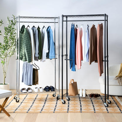Amazon Basics Adjustable Clothes Rack for Handing, Double Hanging Rod Garment Rolling Closet Clothing Organizer, Chrome, 36'' x 14'' x 72''