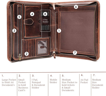 Leather Portfolio Binder, Professional Organizer Padfolio – Resume Folder, Business Card & Document Holder, Portfolios for Men & Women, Office & Business Supplies by Luxeoria | (Large - Brown)
