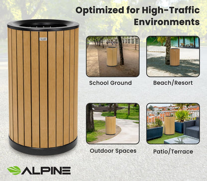 Alpine 32 Gallon Commercial Outdoor Trash Can - Heavy Duty Garbage Can Outdoor, Industrial Open Top Trash Can with Plastic Panels for Patio, Parks, Trails, Resorts (Flat Lid - Cedar)