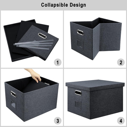 File Organizer, Collapsible Storage Filling Box with Lid for Letter Legal Size Hanging Folders Decorative Linen File Folder Box Document Storage Filing Bin, Dark Gray 2 Pack