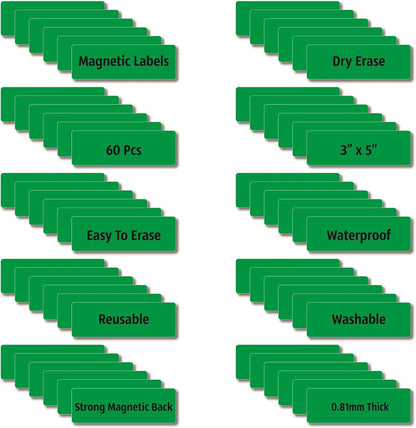 Magnetic Dry Erase Magnets Labels 3x1 inches, Reusable Name Tags, Organizing Schedules in Office/Classroom. Work on Fridge/White Board (Green 60Pcs)